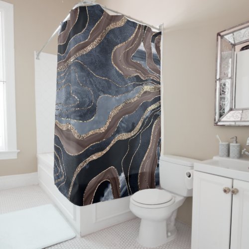 Navy Blue Brown Marble Agate Gold Glitter Glam 1  Shower Curtain