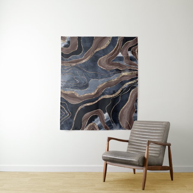 Navy Blue Brown Marble Agate Gold Glitter Glam #1  Tapestry (In Situ)