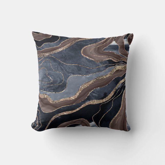 Navy Blue Brown Marble Agate Gold Glitter Glam #1  Throw Pillow (Front)
