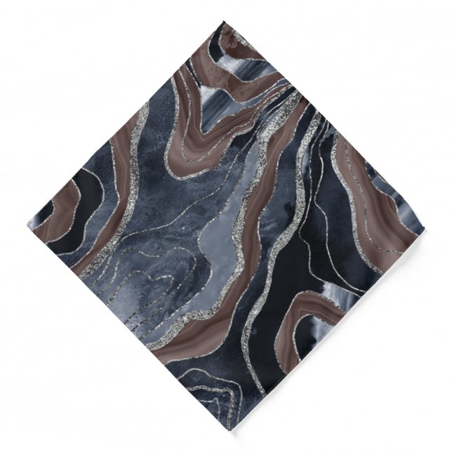 Navy Blue Brown Marble Agate Silver Glitter Glam 1 Bandana (Front)