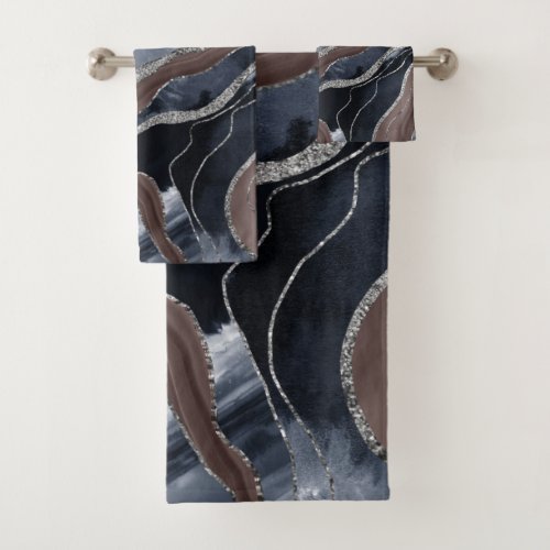 Navy Blue Brown Marble Agate Silver Glitter Glam 1 Bath Towel Set