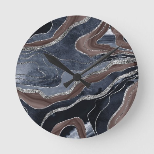 Navy Blue Brown Marble Agate Silver Glitter Glam 1 Round Clock