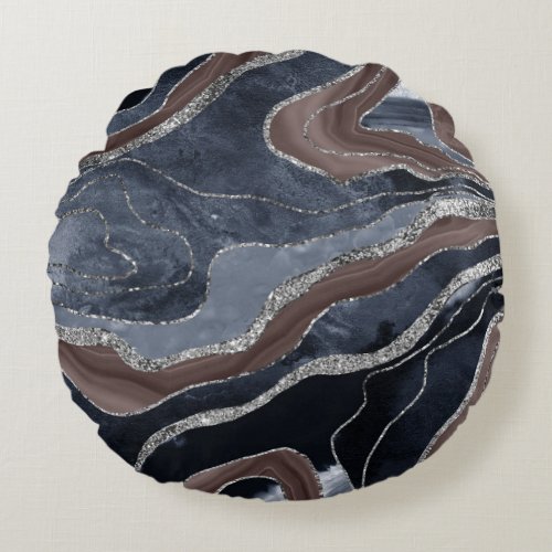 Navy Blue Brown Marble Agate Silver Glitter Glam 1 Round Pillow