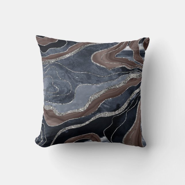 Navy Blue Brown Marble Agate Silver Glitter Glam 1 Throw Pillow (Front)