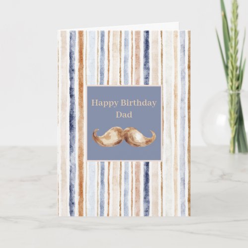 Navy Blue Brown Stripes Mustache Birthday Card