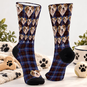 Navy Blue Brown Tartan Plaid Custom Pet Photo Socks