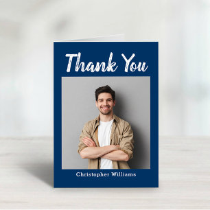 Navy Blue Brush Script Graduate Photo Thank You Card
