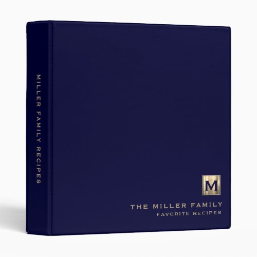 Navy Blue Brushed Gold Monogram Family Recipes 3 Ring Binder