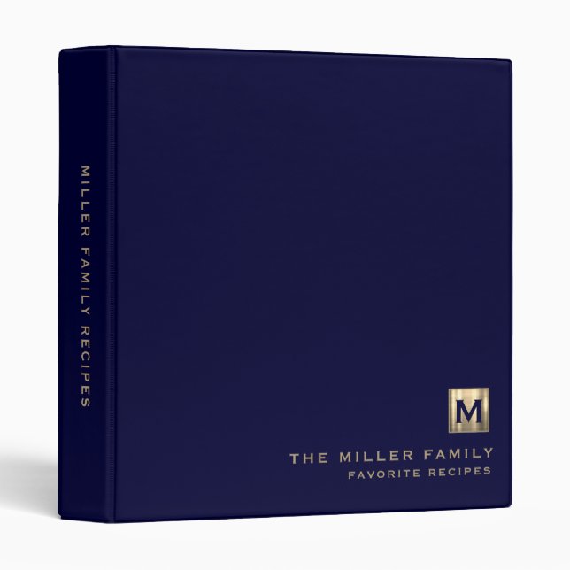 Navy Blue Brushed Gold Monogram Family Recipes 3 Ring Binder (Front/Spine)