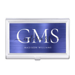 Navy Blue Brushed Metal 3 Monogram Script Business Card Case