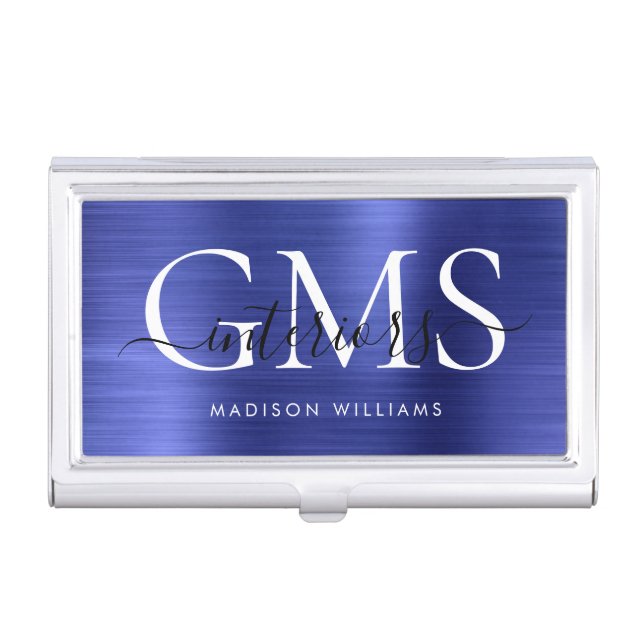 Navy Blue Brushed Metal 3 Monogram Script Business Card Case (Front)