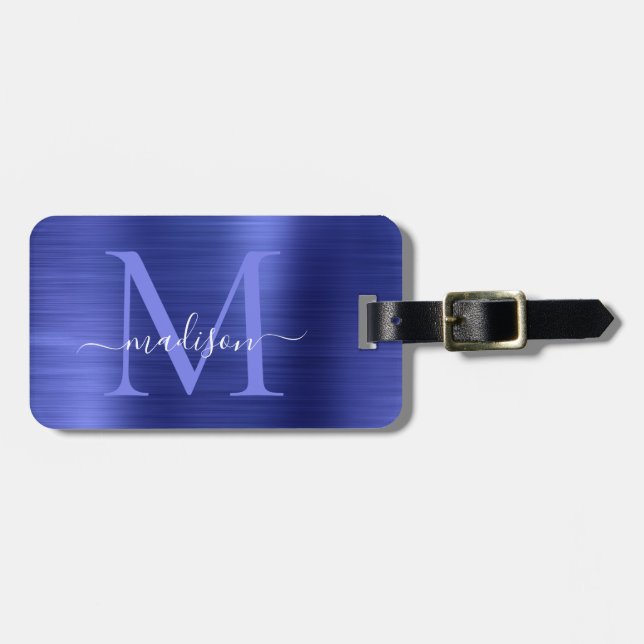 Navy Blue Brushed Metal Girly Script Monogram Cute Luggage Tag (Front Horizontal)