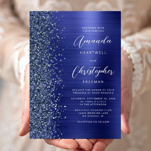 Navy Blue Brushed Metal Glitter Script Wedding Invitation