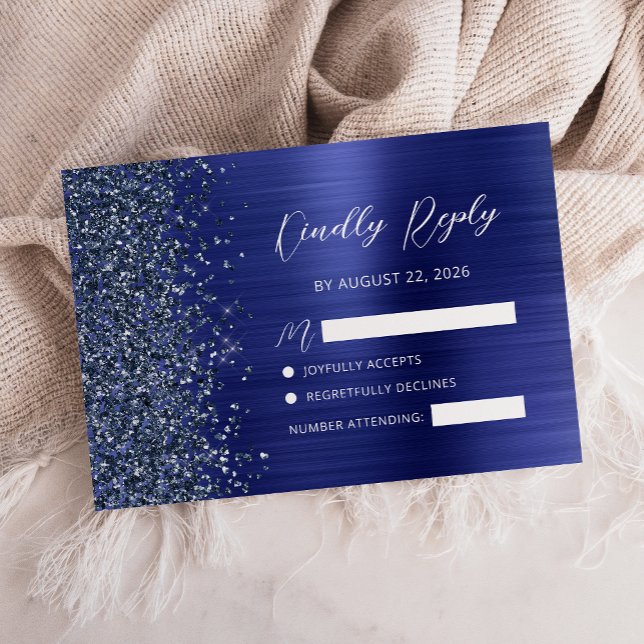 Navy Blue Brushed Metal Glitter Script Wedding RSVP Card (Creator Uploaded)