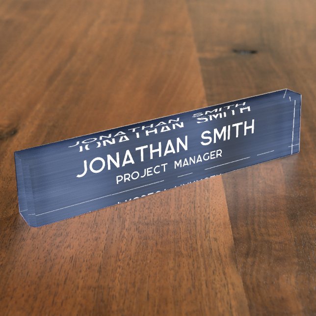 Navy Blue Brushed Metal Minimalist Name Desk Name Plate (Side)