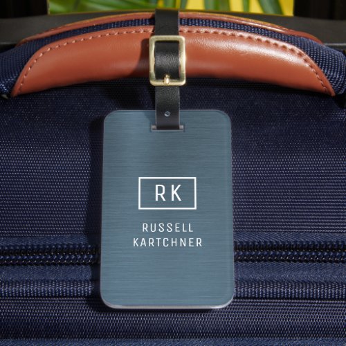 Navy Blue Brushed Metal Modern Monogram Luggage Tag