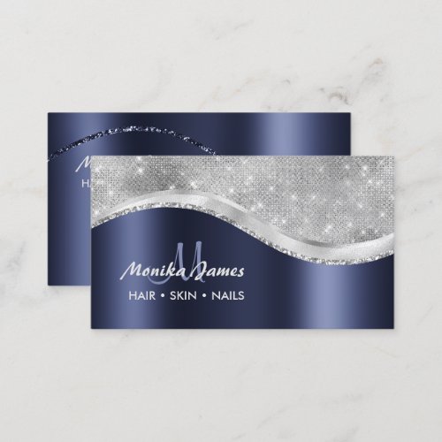 Navy Blue Brushed Metal Monogram Name and Initial Business Card