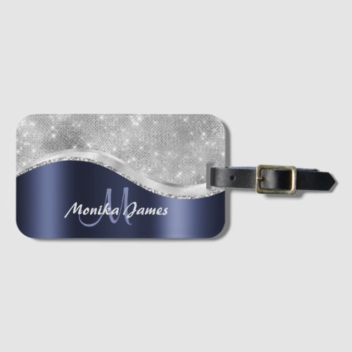 Navy Blue Brushed Metal Monogram Name and Initial Luggage Tag