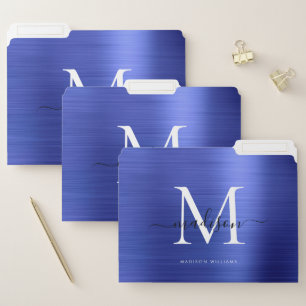 Navy Blue Brushed Metal Monogram Script Name File Folder