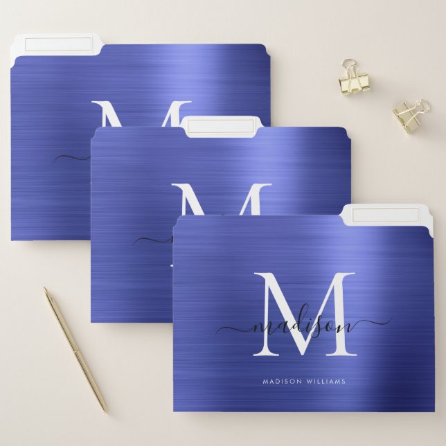 Navy Blue Brushed Metal Monogram Script Name File Folder (Set)