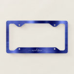 Navy Blue Brushed Metallic Foil Monogram Script License Plate Frame<br><div class="desc">Modern Navy Blue Brushed Metal Metallic Foil Monogram Girly Script License Plate Frame</div>
