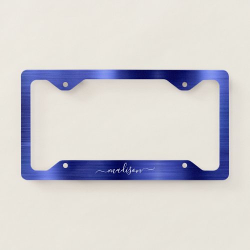 Navy Blue Brushed Metallic Foil Monogram Script License Plate Frame