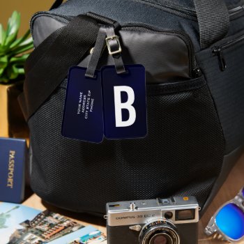 Navy Blue Brushed Metallic Monogram Initial Luggage Tag by HasCreations at Zazzle