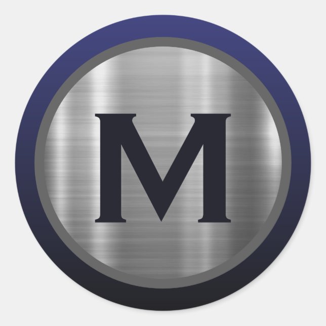 Navy Blue Brushed Silver Monogram Classic Round Sticker (Front)