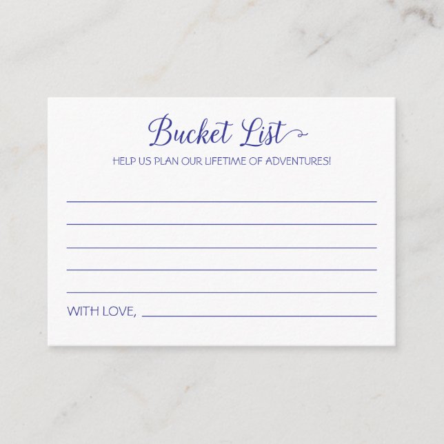 Navy Blue Bucket List Lifetime Adventures Wedding Advice Card (Front)