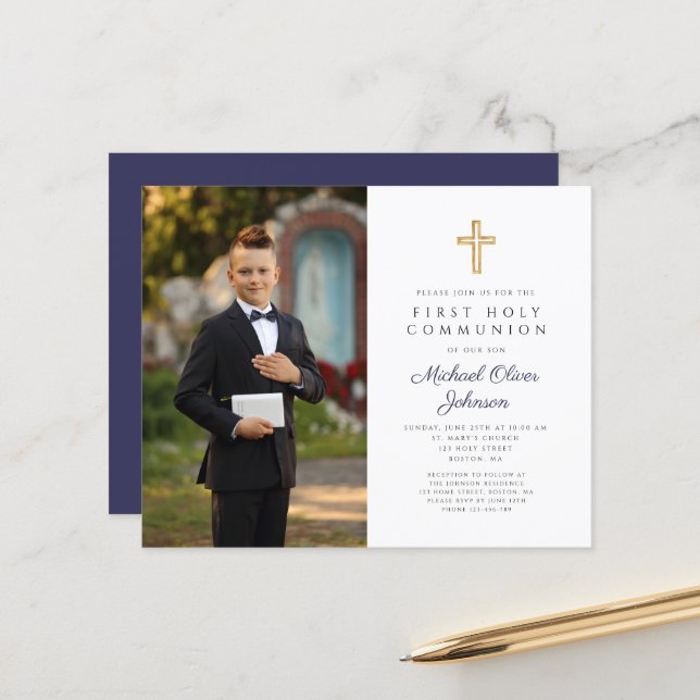 Navy Blue Budget Cross Photo Boy First Communion  (Front/Back In Situ)