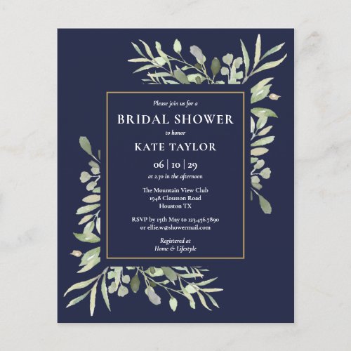 Navy Blue Budget Greenery Bridal Shower Invitation - Featuring delicate watercolor greenery leaves on a navy blue background, this chic budget bridal shower invitation can be personalized with your special bridal shower information. Designed by Thisisnotme©