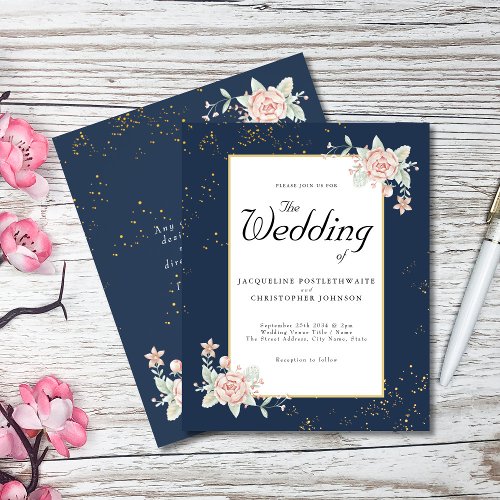 Navy Blue Budget Wedding Invitation Pink Peony Flyer