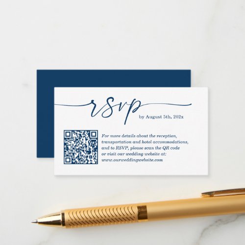 Navy Blue Budget Wedding RSVP Website QR Code Enclosure Card