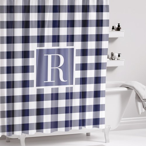 Navy Blue Buffalo Check Monogram Shower Curtain