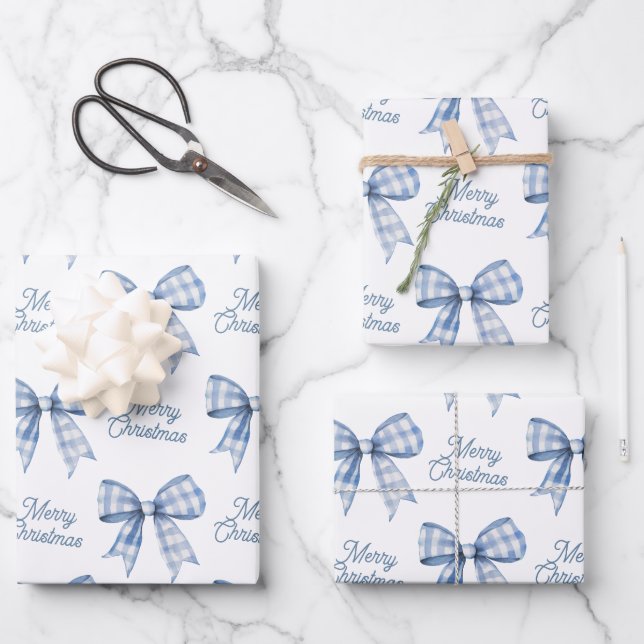 Navy Blue Buffalo Plaid Bow Check Merry Christmas Wrapping Paper Sheets (Front)