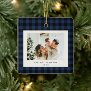 Navy Blue Buffalo Plaid Custom Photo Christmas Ceramic Ornament