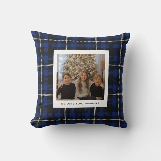 Navy Blue Buffalo Plaid Grandparent Photo  Throw Pillow (Front)