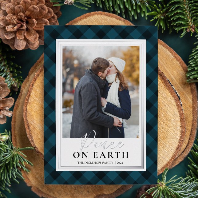 Navy Blue Buffalo Plaid Peace On Earth Photo Foil Holiday Card (Creator Uploaded)