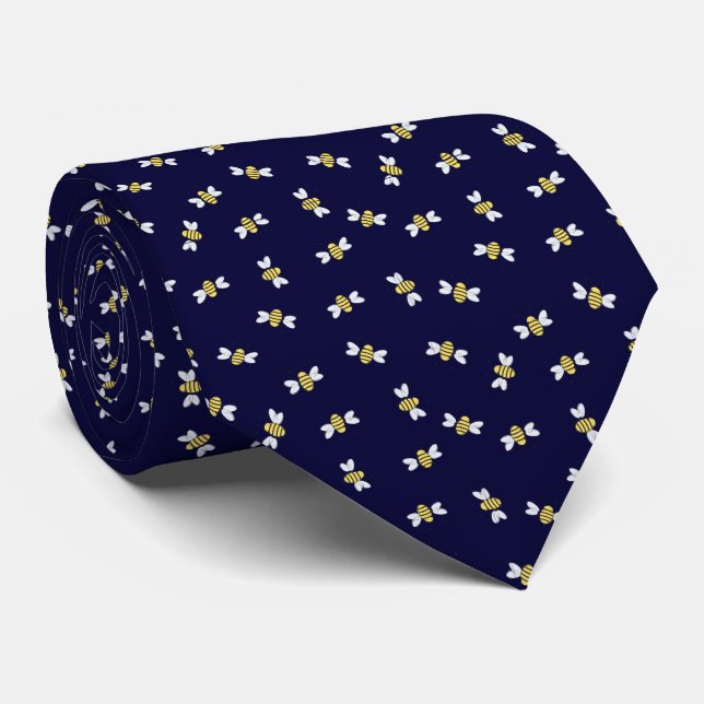 Navy Blue Bumblebee Seamless Pattern Neck Tie (Rolled)