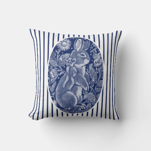 Navy Blue Bunny Rabbit Watercolor Stripe Cute Fun Throw Pillow