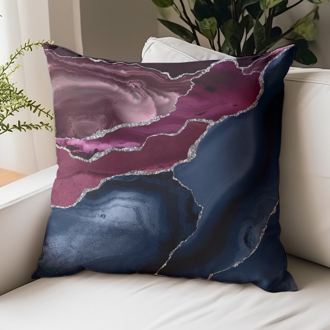 Navy Blue Burgundy Agate Silver Glitter Throw Pillow (Creator Uploaded)