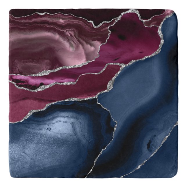 Navy Blue Burgundy Agate Silver Glitter Trivet (Front)