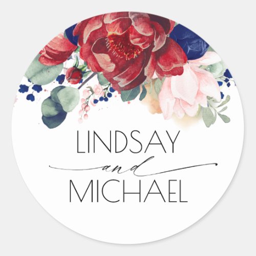 Navy Blue Burgundy and Blush Floral Elegant Classic Round Sticker