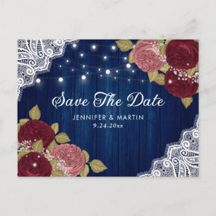 Navy Blue Burgundy and Blush Wedding Save The Date Announcement Postcard