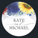 Navy Blue Burgundy and Yellow Sunflower Wedding Classic Round Sticker<br><div class="desc">Fall floral wedding stickers</div>