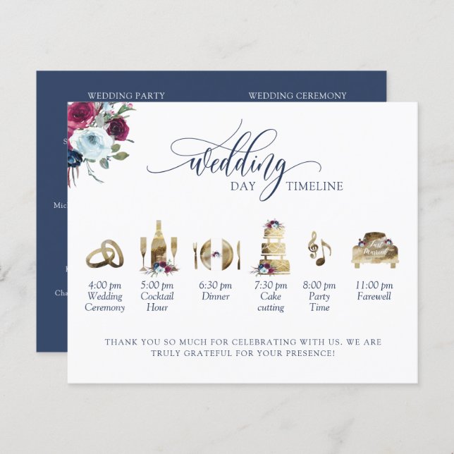 Navy Blue Burgundy Berry Wedding Program Timeline (Front/Back)
