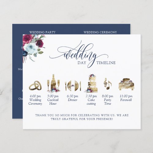 Navy Blue Burgundy Berry Wedding Program Timeline