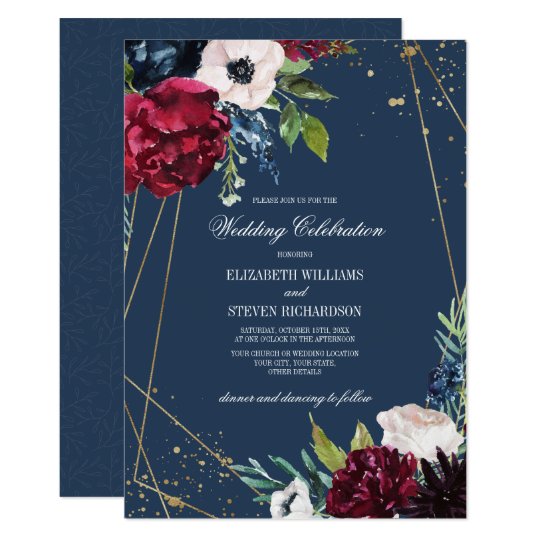 Navy Blue | Burgundy Bloom Geometric Wedding Invitation | Zazzle.com