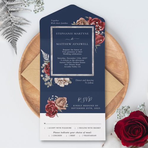 Navy Blue Burgundy Bloom Roses Botanical Wedding All In One Invitation