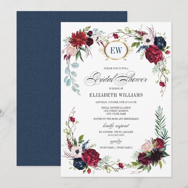 Navy Blue, Burgundy Bloom Watercolor Bridal Shower Invitation (Front/Back)